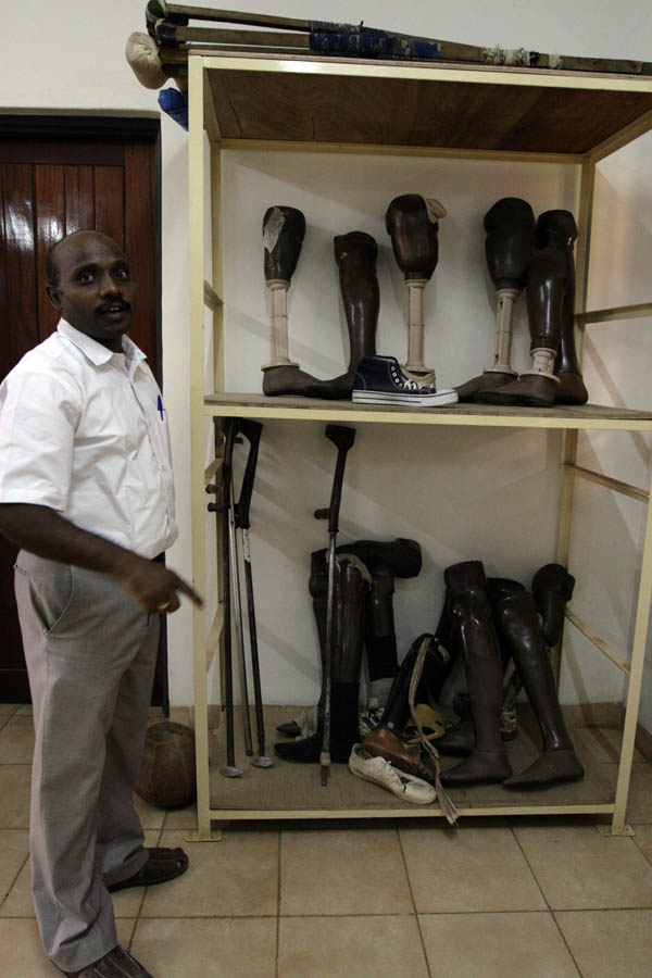 Suresh shows us a selection of prosthetic legs at the Physical Rehabilitation Reference Centre in Juba, South Sudan